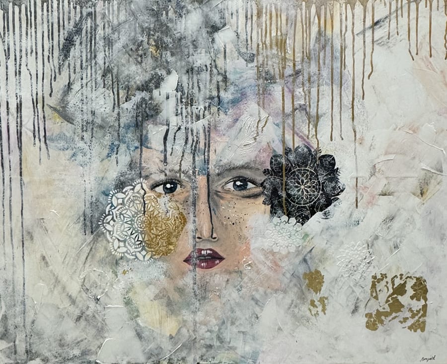 Abstract portrait: a face dissolving into a pale field of drips and lace texture, the eyes still clear.