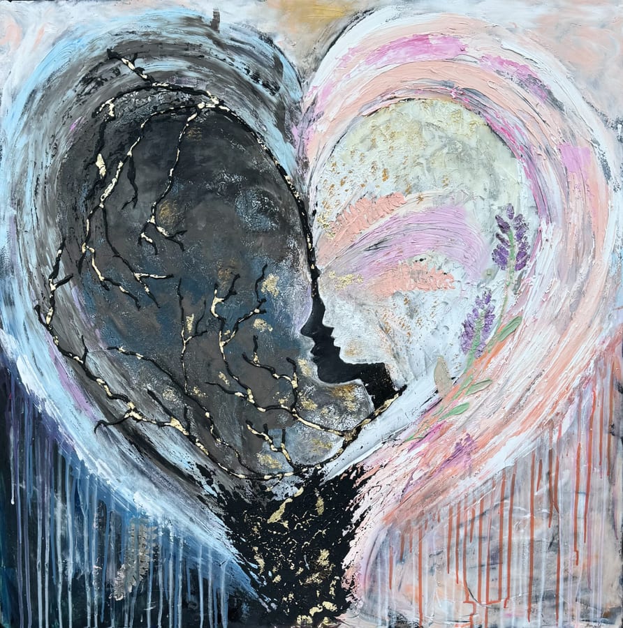 Two faces turned toward one another across a dark and pale divide, gold leaf through the surface.
