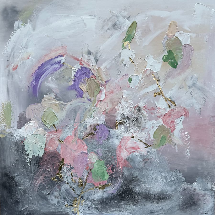 Square mixed-media abstract: loose blooms of pink, green and violet impasto rising through a grey field.