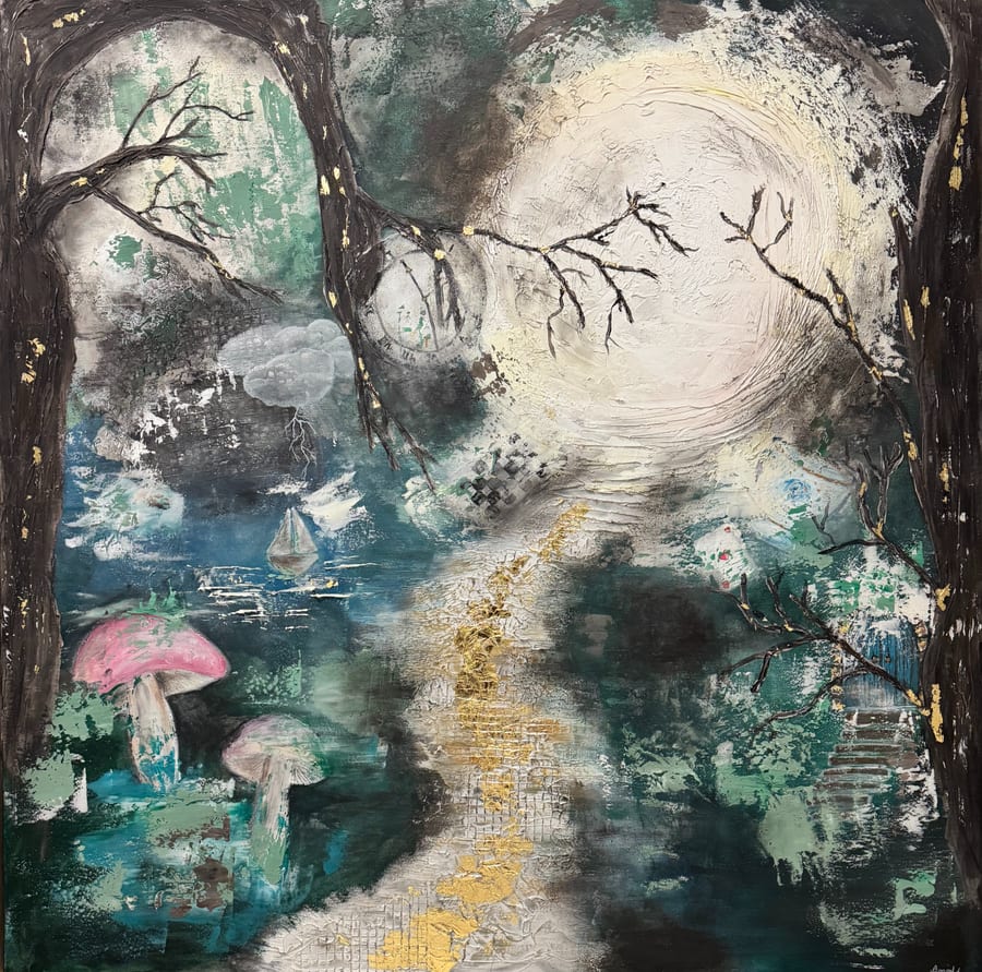 Square mixed-media abstract: a moonlit forest pool with pink mushrooms and a gold path winding through.