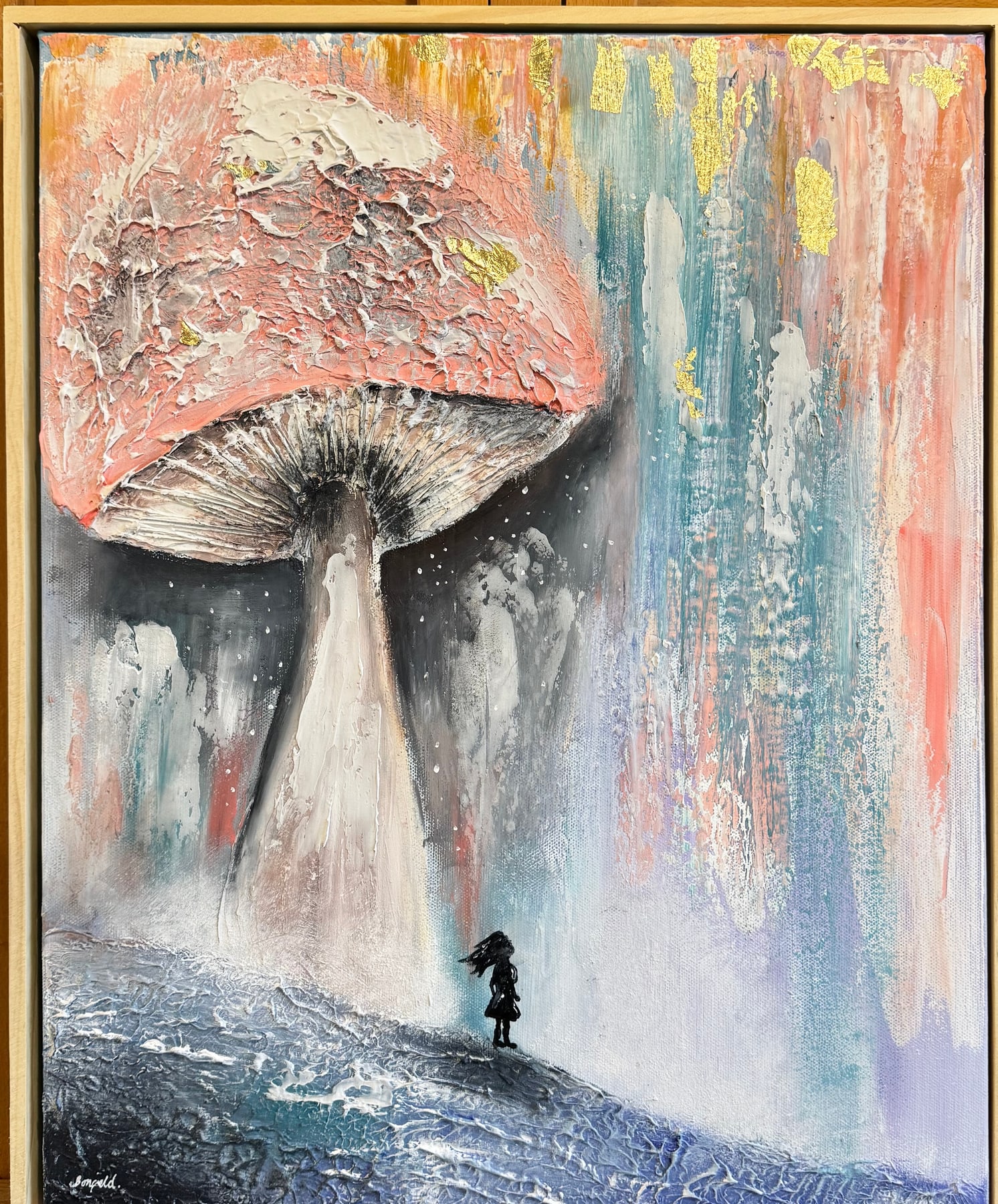 A tiny figure standing beneath an oversized coral mushroom, textured paint and gold leaf on canvas.